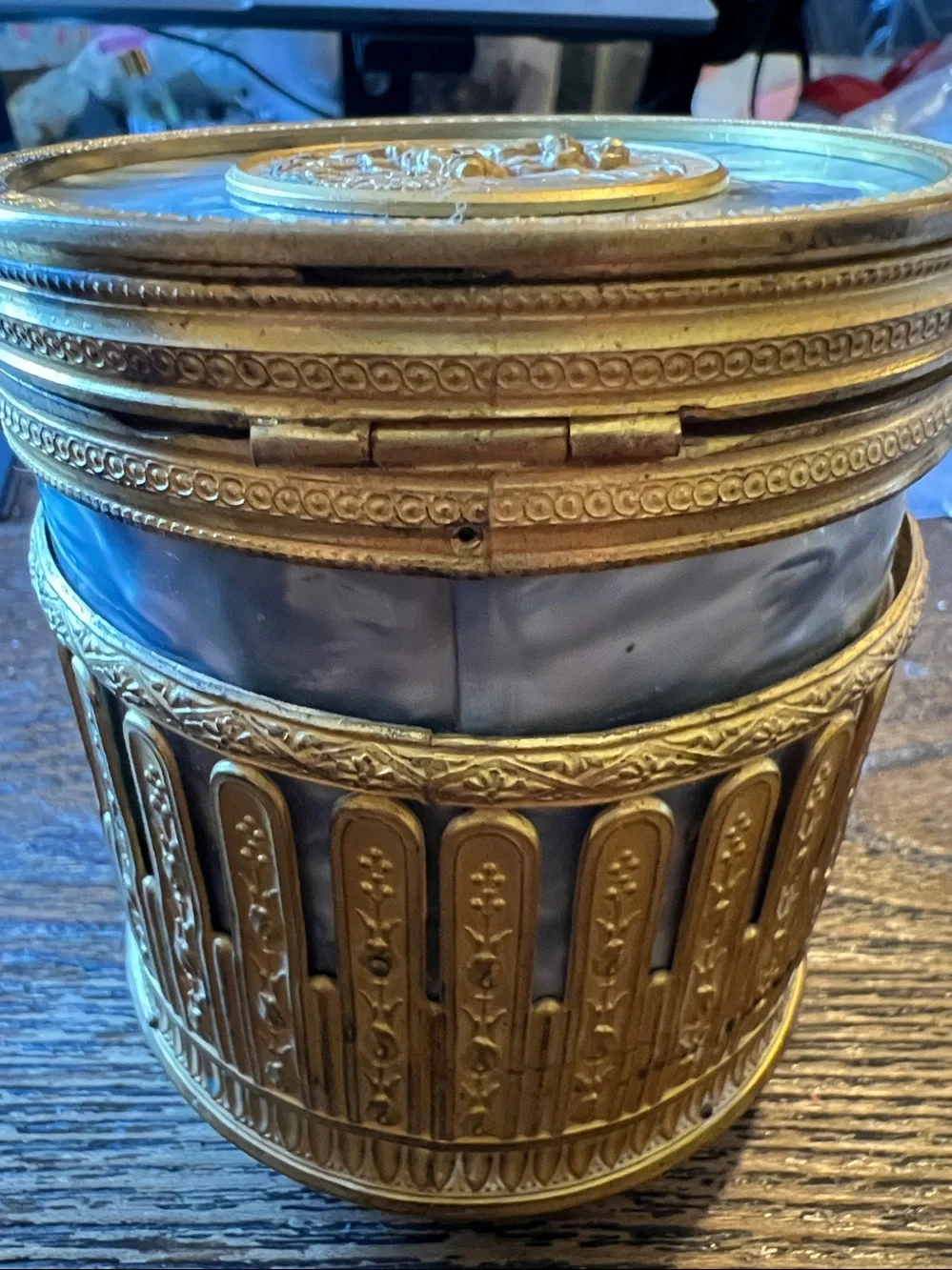 Antique French footed Round Gilt Powder Box Mirror music box guilloché enamel